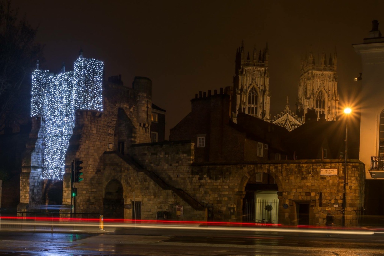 © Make It York and the York BID showing feative white lights on the city walls