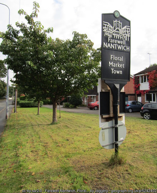 Town sign saying Farewell Nantwich Floral Market Town